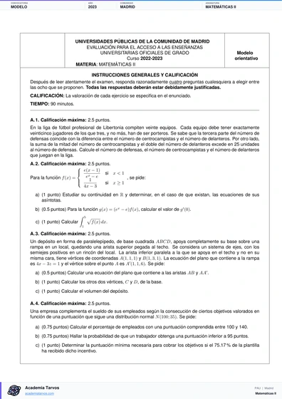 Vista previa de Modelo PAU de Matemáticas II de Comunidad de Madrid 2023