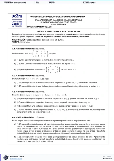 Vista previa de Examen PAU de Matemáticas II de Comunidad de Madrid 2023 – Ordinaria   Coincidencias