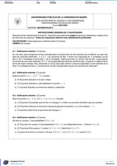 Vista previa de Examen PAU de Matemáticas II de Comunidad de Madrid 2023 – Ordinaria