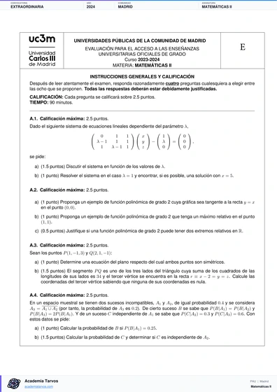 Vista previa de Examen PAU de Matemáticas II de Comunidad de Madrid 2024 – Extraordinaria