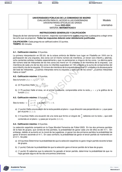 Vista previa de Modelo PAU de Matemáticas II de Comunidad de Madrid 2024