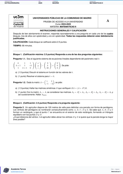 Vista previa de Examen PAU de Matemáticas II de Comunidad de Madrid 2025 – Extraordinaria