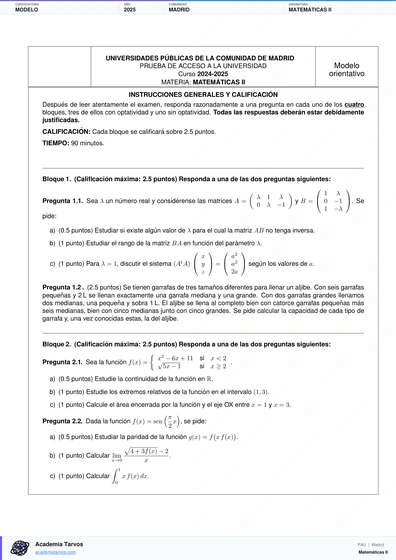 Vista previa de Modelo PAU de Matemáticas II de Comunidad de Madrid 2025