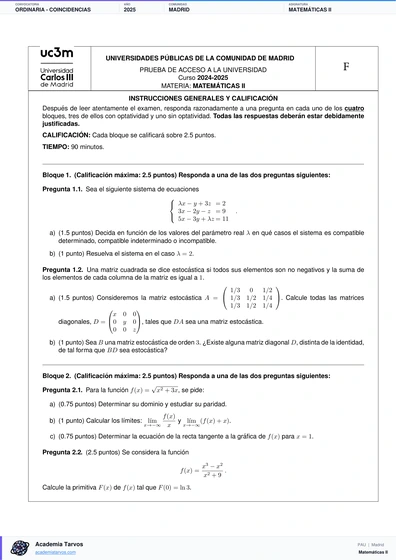 Vista previa de Examen PAU de Matemáticas II de Comunidad de Madrid 2025 – Ordinaria   Coincidencias