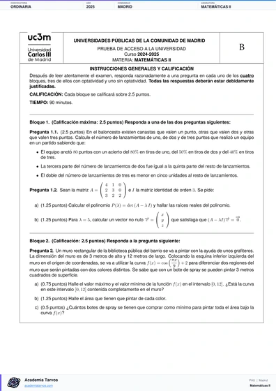 Vista previa de Examen PAU de Matemáticas II de Comunidad de Madrid 2025 – Ordinaria