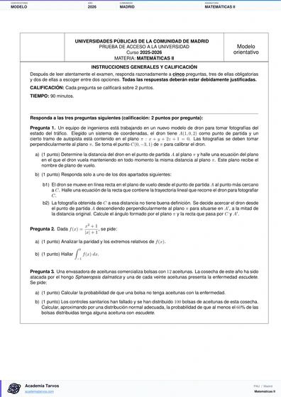 Vista previa de Modelo PAU de Matemáticas II de Comunidad de Madrid 2026