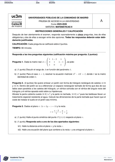 Vista previa de Examen PAU de Matemáticas II de Comunidad de Madrid 2026 – Ordinaria