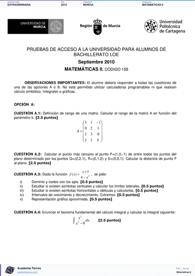 Vista previa de Examen PAU de Matemáticas II de Región de Murcia 2010 – Extraordinaria