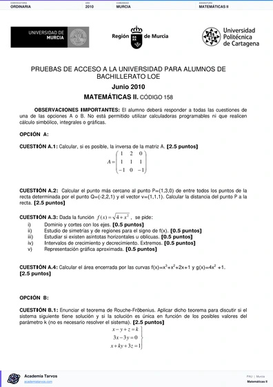 Vista previa de Examen PAU de Matemáticas II de Región de Murcia 2010 – Ordinaria