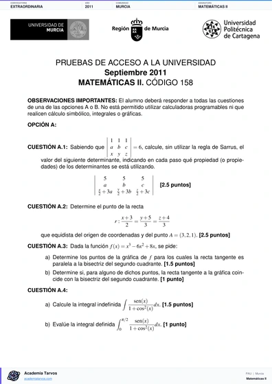 Vista previa de Examen PAU de Matemáticas II de Región de Murcia 2011 – Extraordinaria
