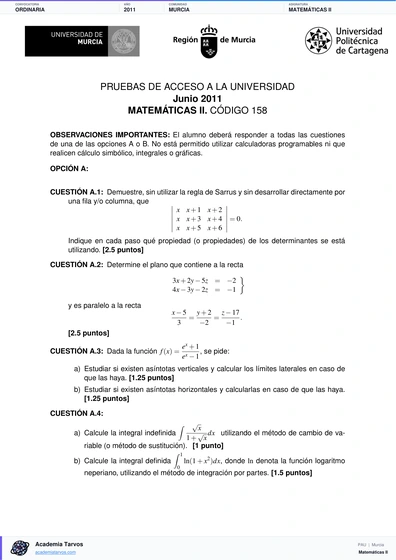 Vista previa de Examen PAU de Matemáticas II de Región de Murcia 2011 – Ordinaria