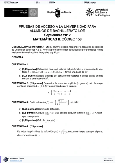 Vista previa de Examen PAU de Matemáticas II de Región de Murcia 2012 – Extraordinaria