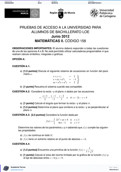Vista previa de Examen PAU de Matemáticas II de Región de Murcia 2012 – Ordinaria