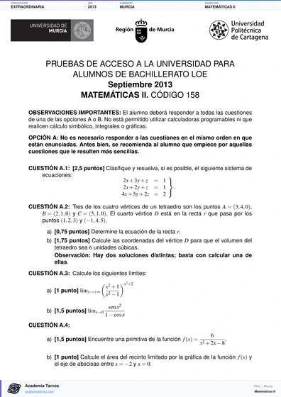 Vista previa de Examen PAU de Matemáticas II de Región de Murcia 2013 – Extraordinaria