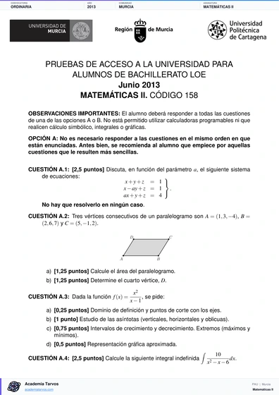 Vista previa de Examen PAU de Matemáticas II de Región de Murcia 2013 – Ordinaria