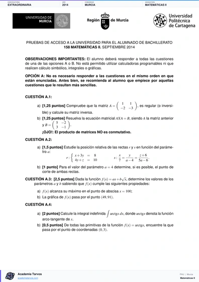 Vista previa de Examen PAU de Matemáticas II de Región de Murcia 2014 – Extraordinaria