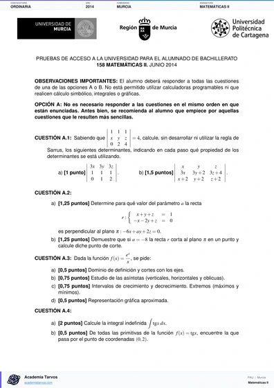 Vista previa de Examen PAU de Matemáticas II de Región de Murcia 2014 – Ordinaria