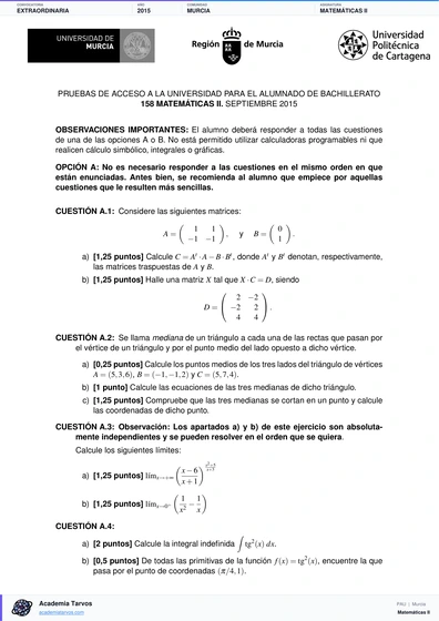 Vista previa de Examen PAU de Matemáticas II de Región de Murcia 2015 – Extraordinaria