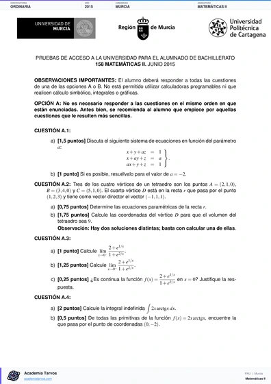 Vista previa de Examen PAU de Matemáticas II de Región de Murcia 2015 – Ordinaria