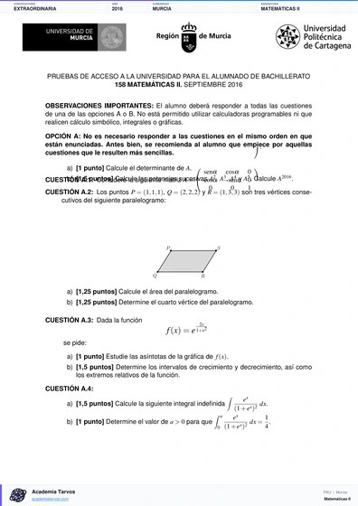 Vista previa de Examen PAU de Matemáticas II de Región de Murcia 2016 – Extraordinaria