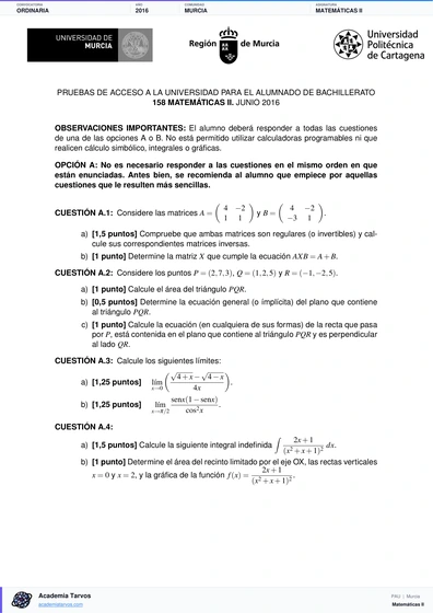 Vista previa de Examen PAU de Matemáticas II de Región de Murcia 2016 – Ordinaria