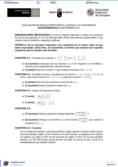 Vista previa de Examen PAU de Matemáticas II de Región de Murcia 2017 – Extraordinaria