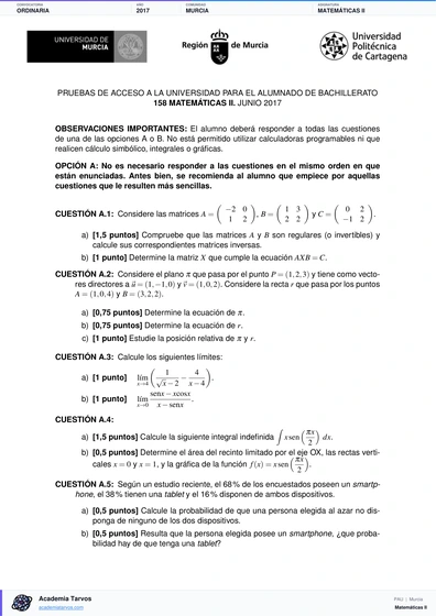 Vista previa de Examen PAU de Matemáticas II de Región de Murcia 2017 – Ordinaria