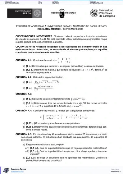 Vista previa de Examen PAU de Matemáticas II de Región de Murcia 2018 – Extraordinaria