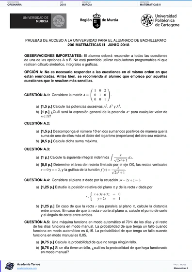 Vista previa de Examen PAU de Matemáticas II de Región de Murcia 2018 – Ordinaria