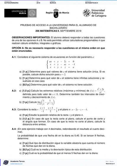 Vista previa de Examen PAU de Matemáticas II de Región de Murcia 2019 – Extraordinaria