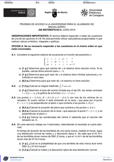Vista previa de Examen PAU de Matemáticas II de Región de Murcia 2019 – Ordinaria