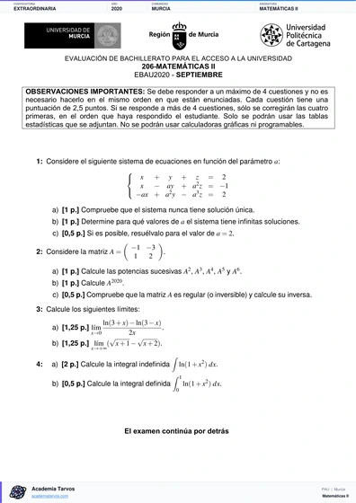 Vista previa de Examen PAU de Matemáticas II de Región de Murcia 2020 – Extraordinaria