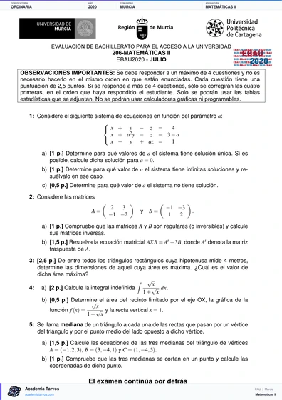 Vista previa de Examen PAU de Matemáticas II de Región de Murcia 2020 – Ordinaria