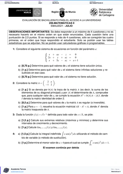 Vista previa de Examen PAU de Matemáticas II de Región de Murcia 2021 – Extraordinaria
