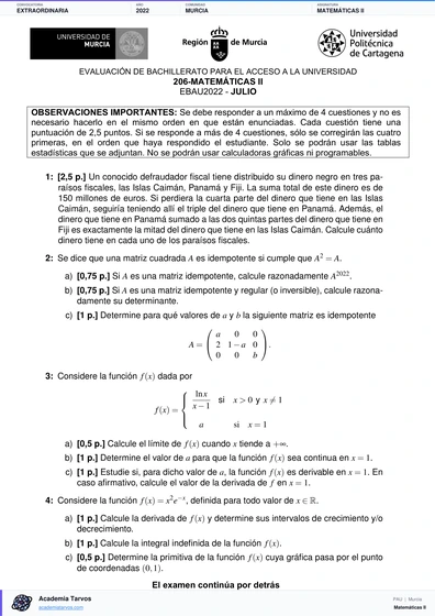 Vista previa de Examen PAU de Matemáticas II de Región de Murcia 2022 – Extraordinaria