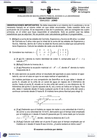 Vista previa de Examen PAU de Matemáticas II de Región de Murcia 2022 – Ordinaria