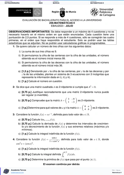 Vista previa de Examen PAU de Matemáticas II de Región de Murcia 2023 – Extraordinaria