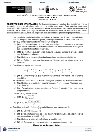 Vista previa de Examen PAU de Matemáticas II de Región de Murcia 2023 – Ordinaria
