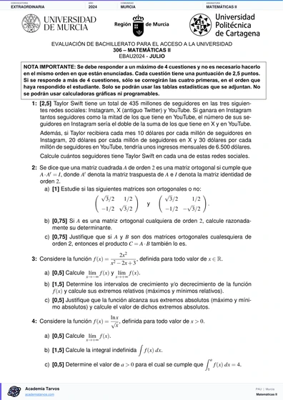 Vista previa de Examen PAU de Matemáticas II de Región de Murcia 2024 – Extraordinaria