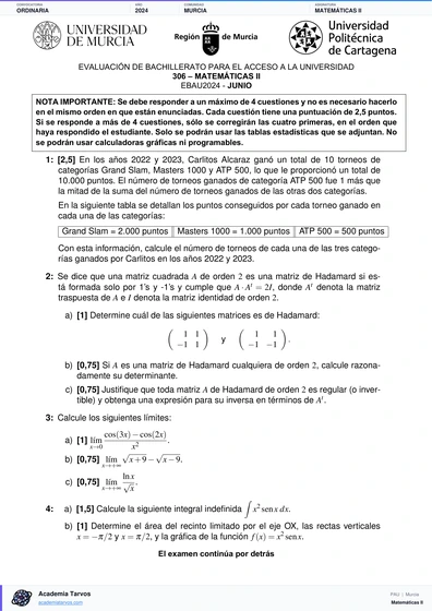 Vista previa de Examen PAU de Matemáticas II de Región de Murcia 2024 – Ordinaria