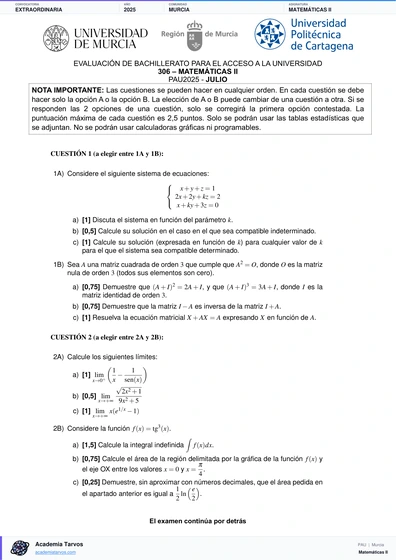 Vista previa de Examen PAU de Matemáticas II de Región de Murcia 2025 – Extraordinaria