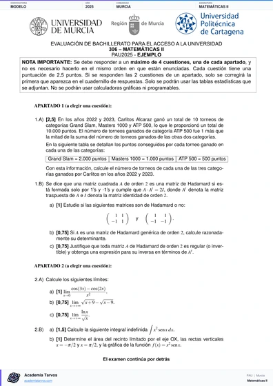 Vista previa de Modelo PAU de Matemáticas II de Región de Murcia 2025