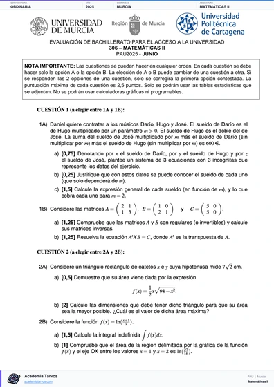 Vista previa de Examen PAU de Matemáticas II de Región de Murcia 2025 – Ordinaria