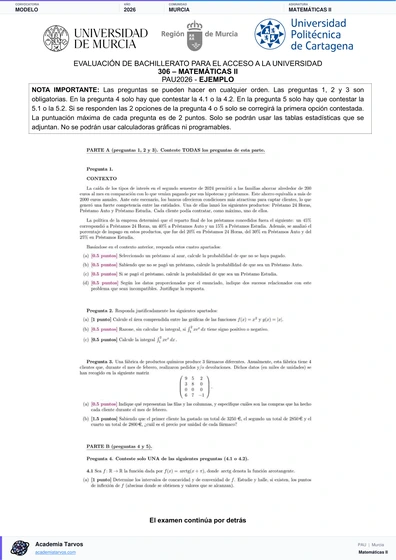 Vista previa de Modelo PAU de Matemáticas II de Región de Murcia 2026