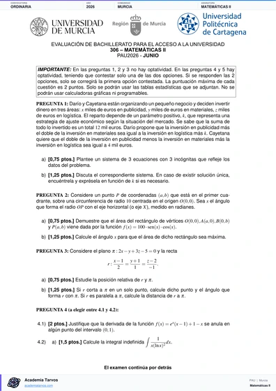 Vista previa de Examen PAU de Matemáticas II de Región de Murcia 2026 – Ordinaria