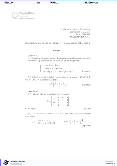 Vista previa de Examen PAU de Matemáticas II de Navarra 2006 – Ordinaria