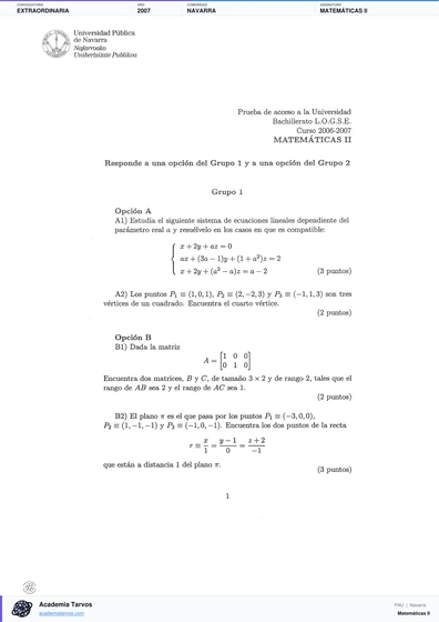 Vista previa de Examen PAU de Matemáticas II de Navarra 2007 – Extraordinaria