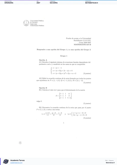 Vista previa de Examen PAU de Matemáticas II de Navarra 2007 – Ordinaria