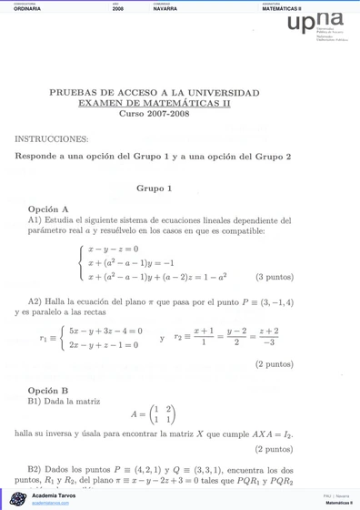 Vista previa de Examen PAU de Matemáticas II de Navarra 2008 – Ordinaria