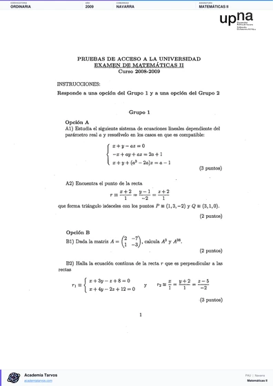 Vista previa de Examen PAU de Matemáticas II de Navarra 2009 – Ordinaria